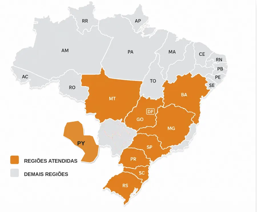 Mapa do Brasil com as regiões atendidas pela Eyes, incluindo o Paraguai
